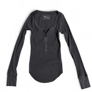 aerie Women's Gray Long Sleeve Ribbed Henley Shirt Size XS
